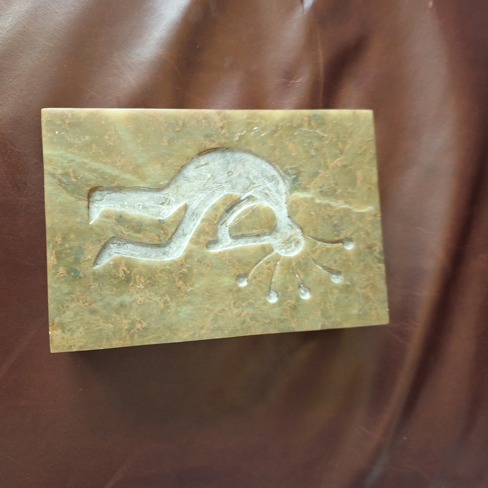 Carved  SoapStone Kokopelli Jewelry Box With Jade Inside.made In India.read